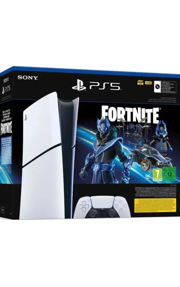 Console PlayStation 5 modèle slim, édition numérique Fortnite Cobalt Star, avec design compact et élégant.